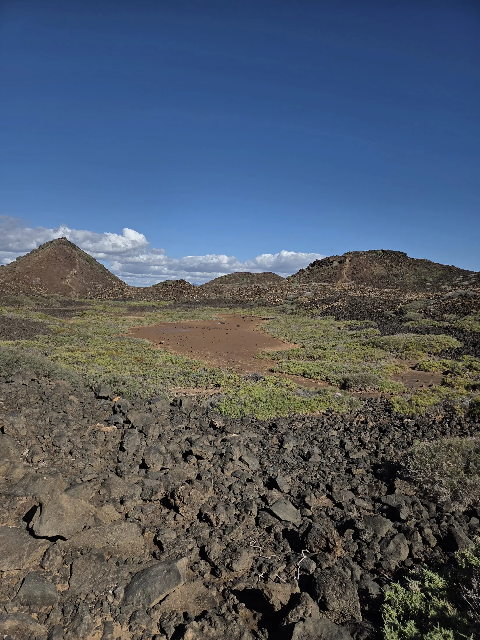 Volcanic cones and a green hollow in black rock